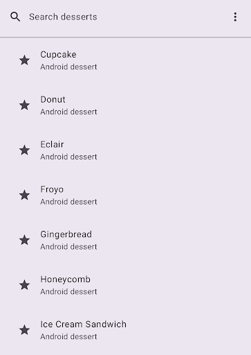 A search bar containing the words hinted text search inside is shown. Below the search bar, a list of search suggestions is displayed, with a star icon beside each suggestion.